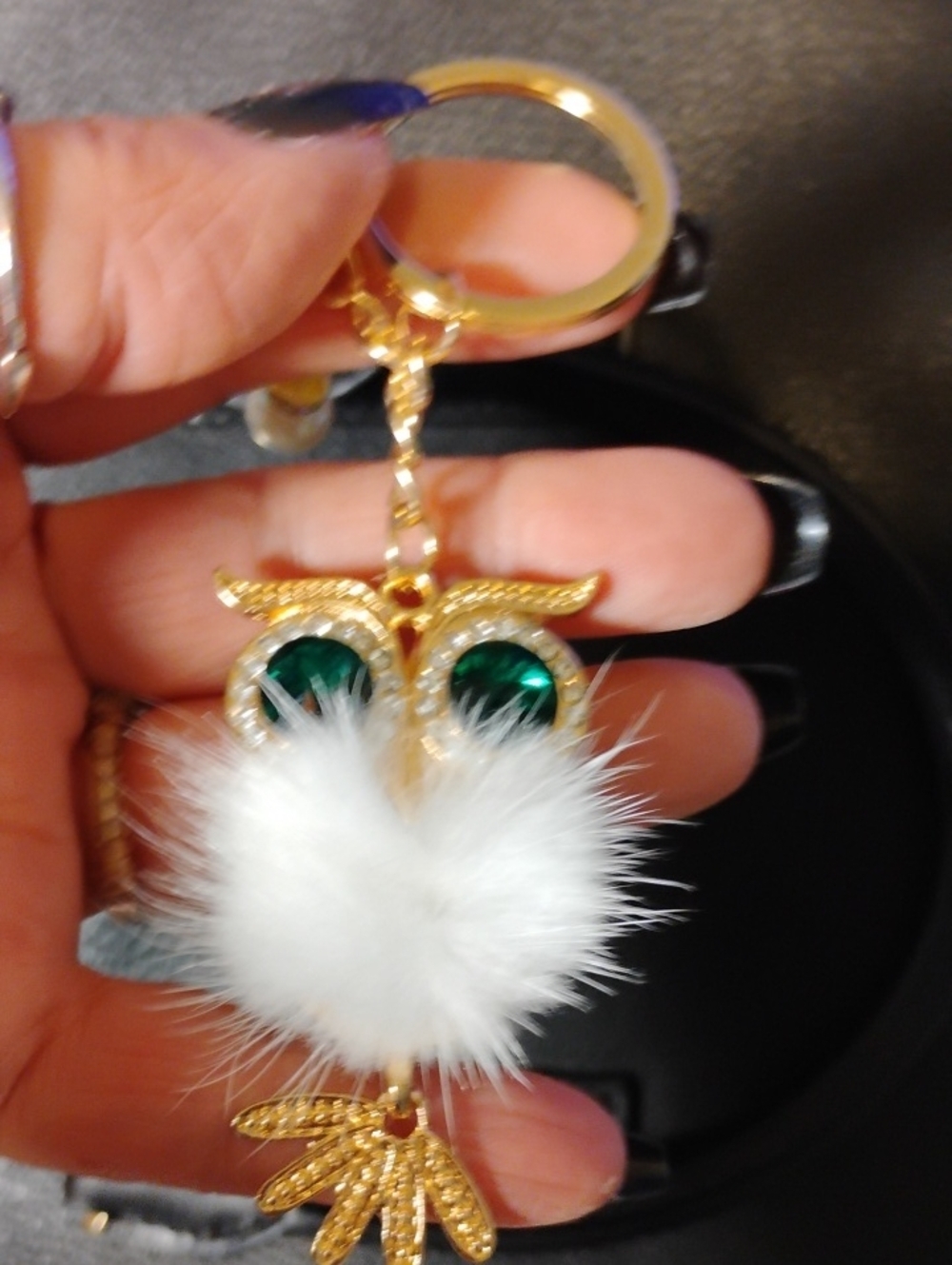 Gold Owl Keychain Bag Charm Pendant with White Fur and Green Crystal Eyes
